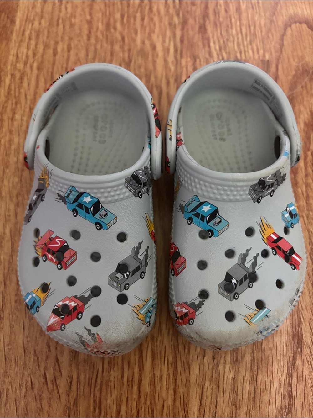CROCS Kids Light Gray Clogs with Multi Color Car Print